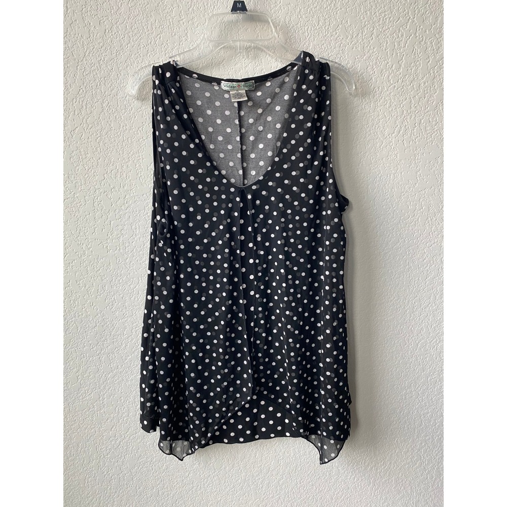 Vintage Suzie Womens Polka Dot Sheer Layered Sleeveless Top Size XL Black White